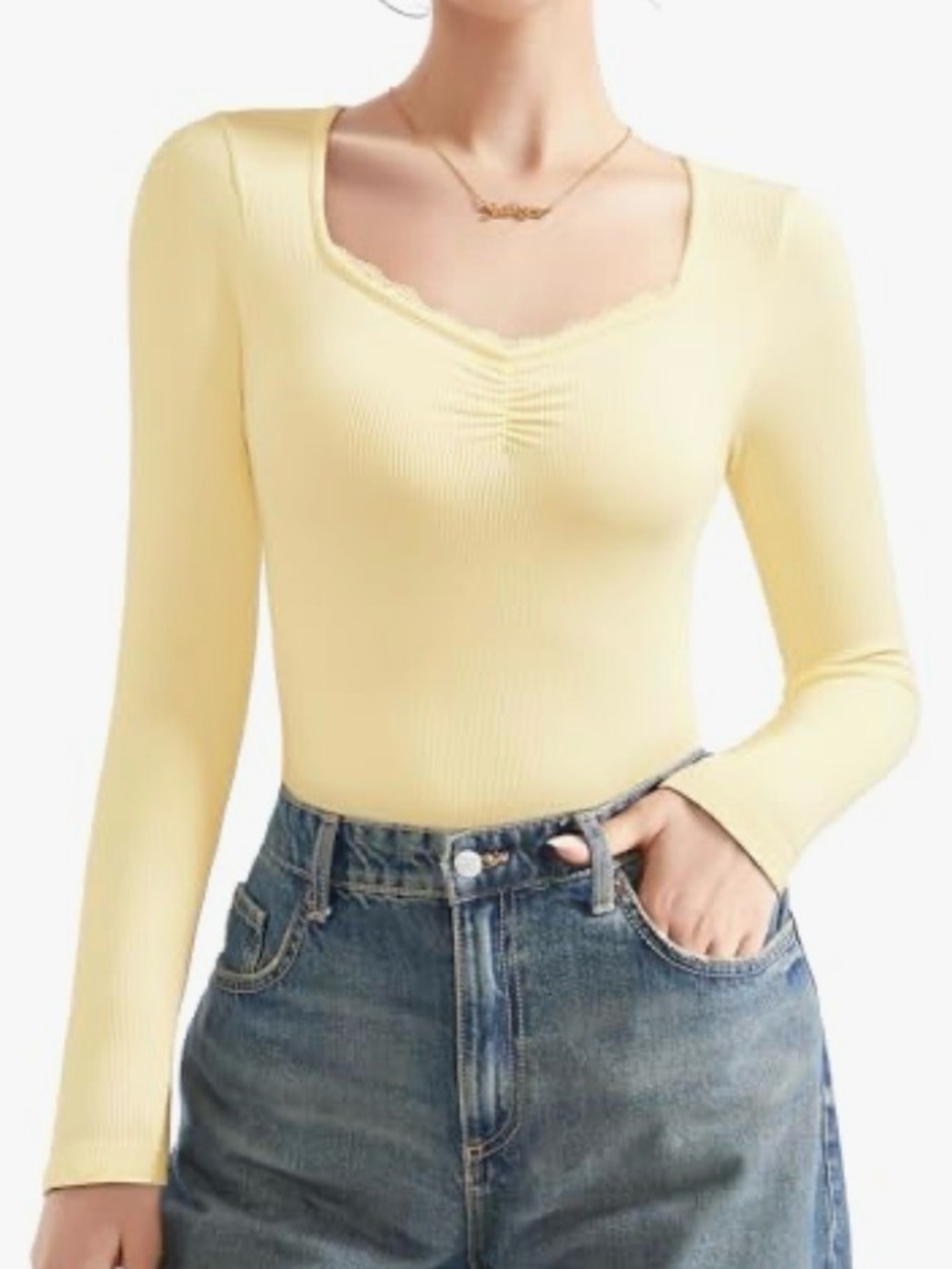 Light Yellow Ribbed Long-Sleeve Scoop Neck Top